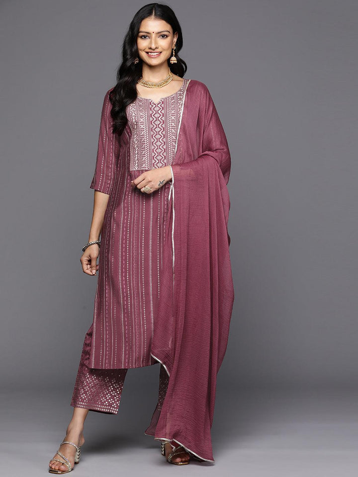 Mauve Printed Silk Blend Straight Kurta With Trousers & Dupatta