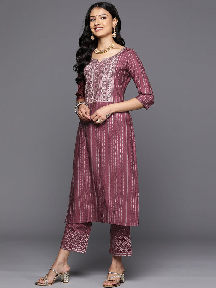 Mauve Printed Silk Blend Straight Kurta With Trousers & Dupatta