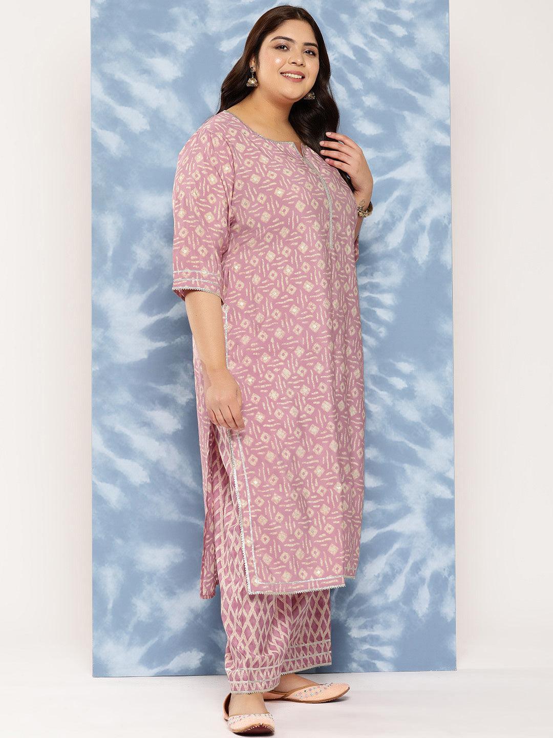 Mauve Printed Silk Blend Straight Kurta With Trousers and Dupatta - Libas 