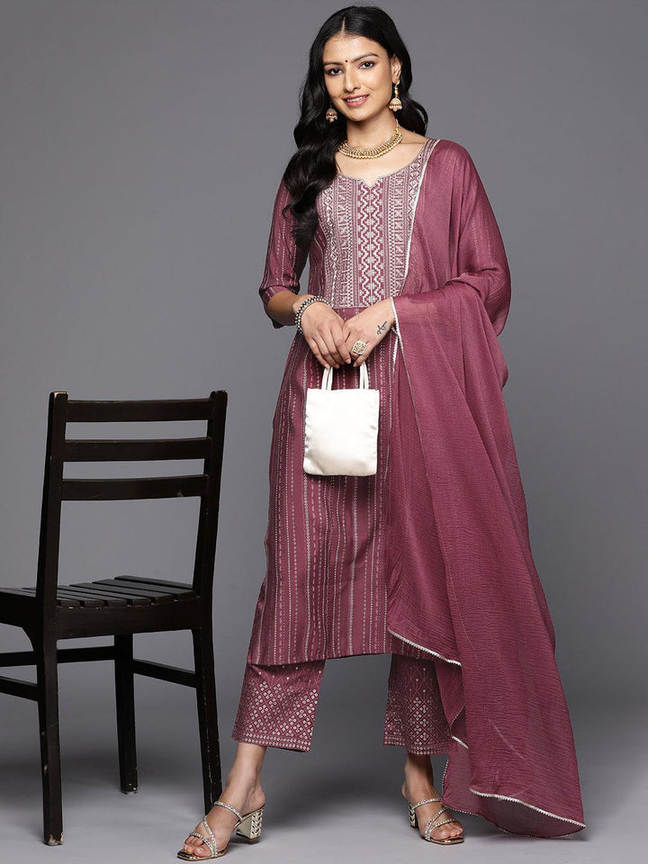 Mauve Printed Silk Blend Straight Kurta With Trousers & Dupatta