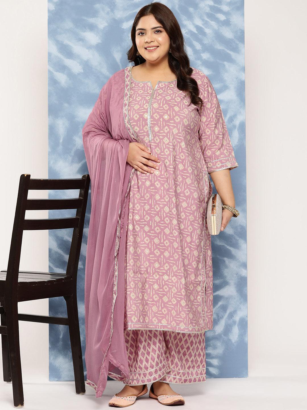 Mauve Printed Silk Blend Straight Kurta With Trousers and Dupatta - Libas 