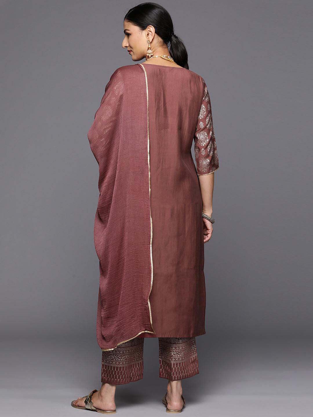 Mauve Printed Silk Blend Straight Kurta With Trousers & Dupatta - Libas 