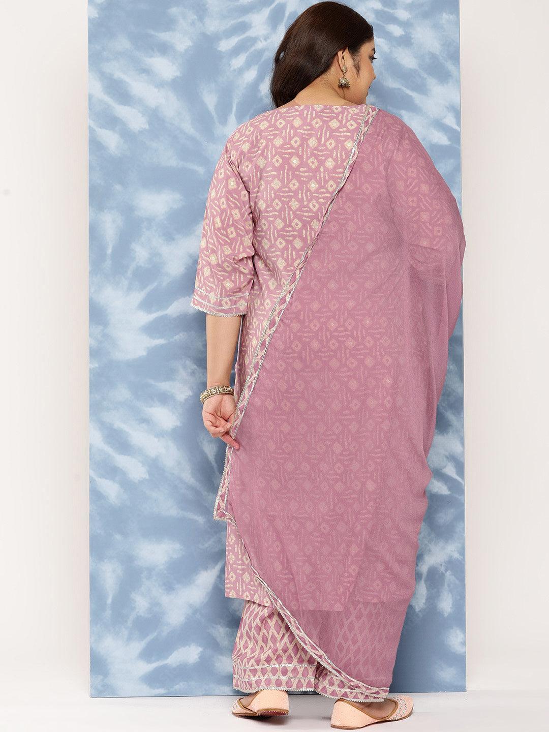 Mauve Printed Silk Blend Straight Kurta With Trousers and Dupatta - Libas 