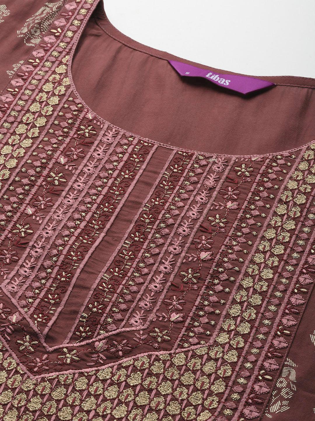 Mauve Printed Silk Blend Straight Kurta With Trousers & Dupatta - Libas 