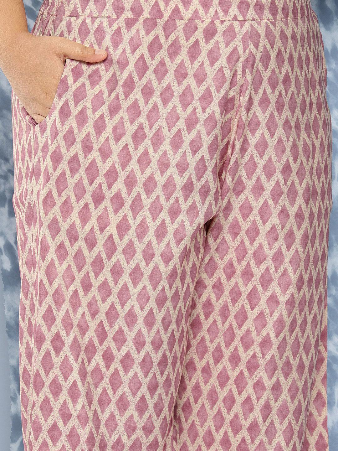 Mauve Printed Silk Blend Straight Kurta With Trousers and Dupatta - Libas 