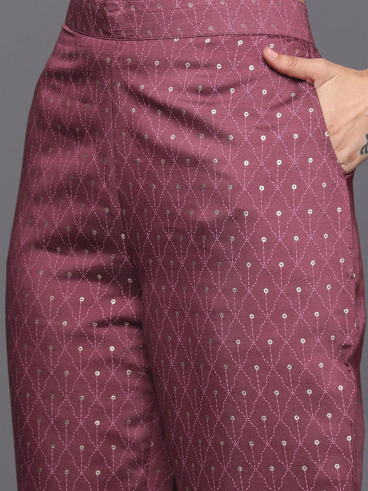 Mauve Printed Silk Blend Straight Kurta With Trousers & Dupatta