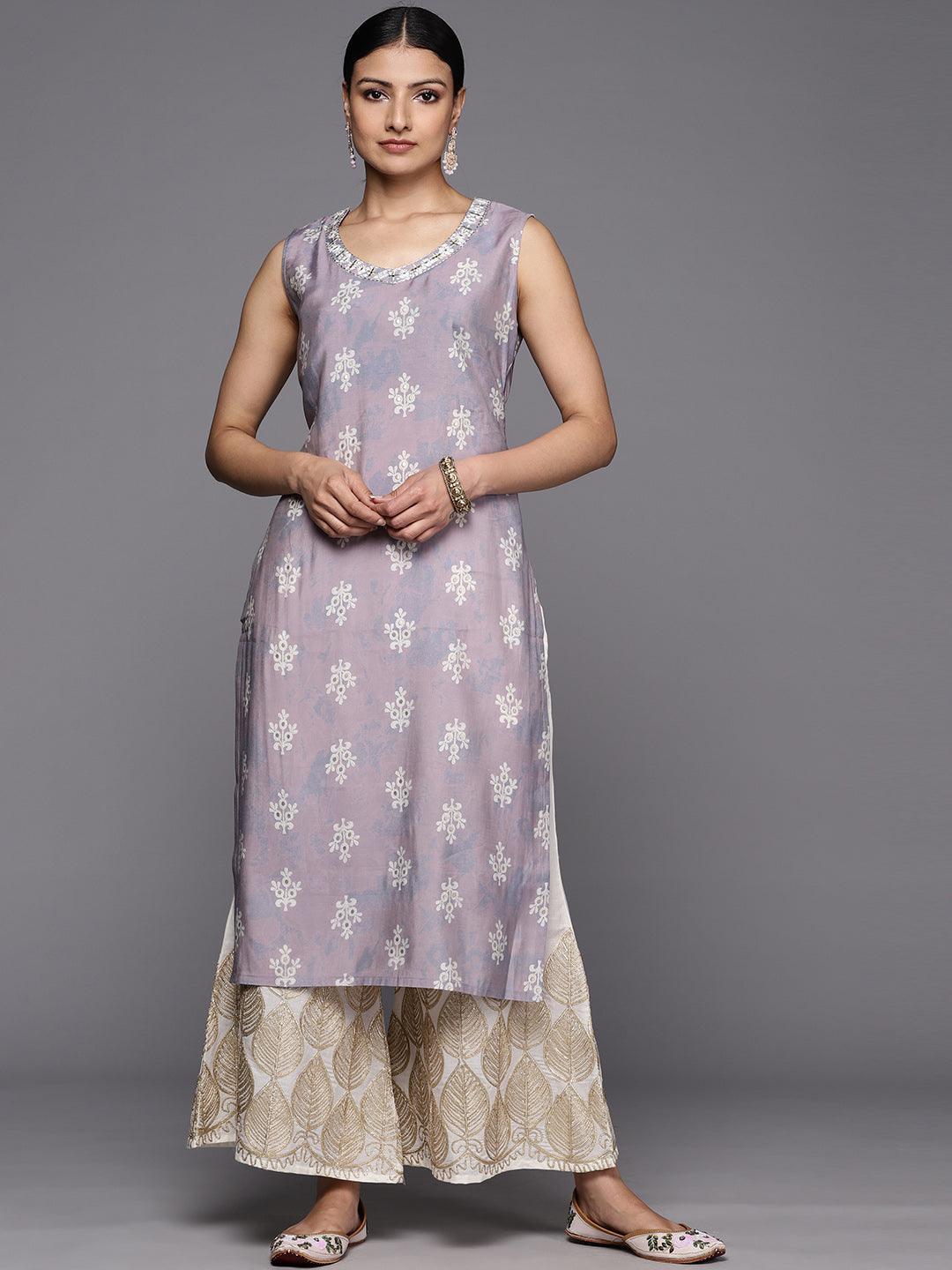 Mauve Printed Silk Straight Kurta - ShopLibas 