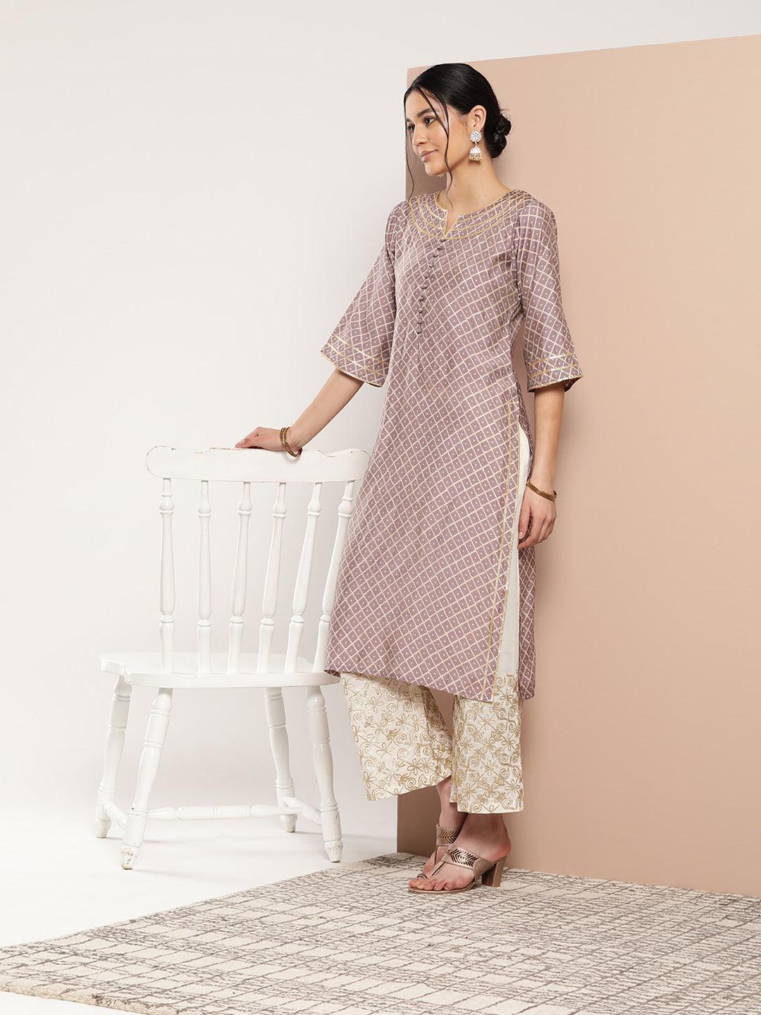 Mauve Printed Silk Straight Kurta - ShopLibas 