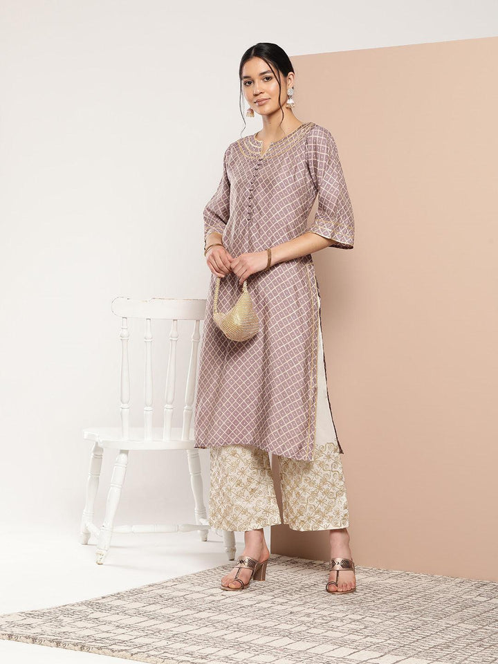 Mauve Printed Silk Straight Kurta