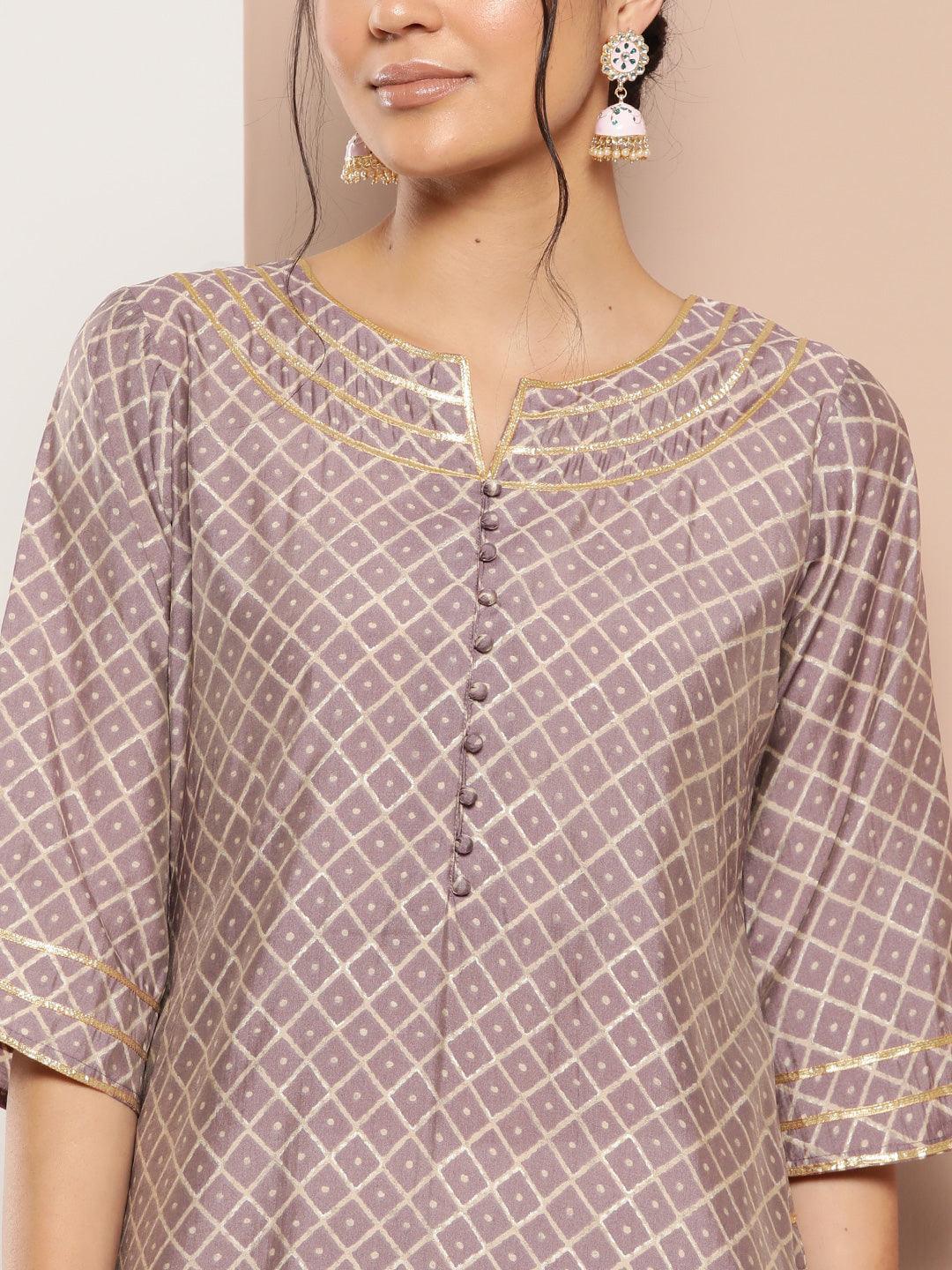 Mauve Printed Silk Straight Kurta - ShopLibas 