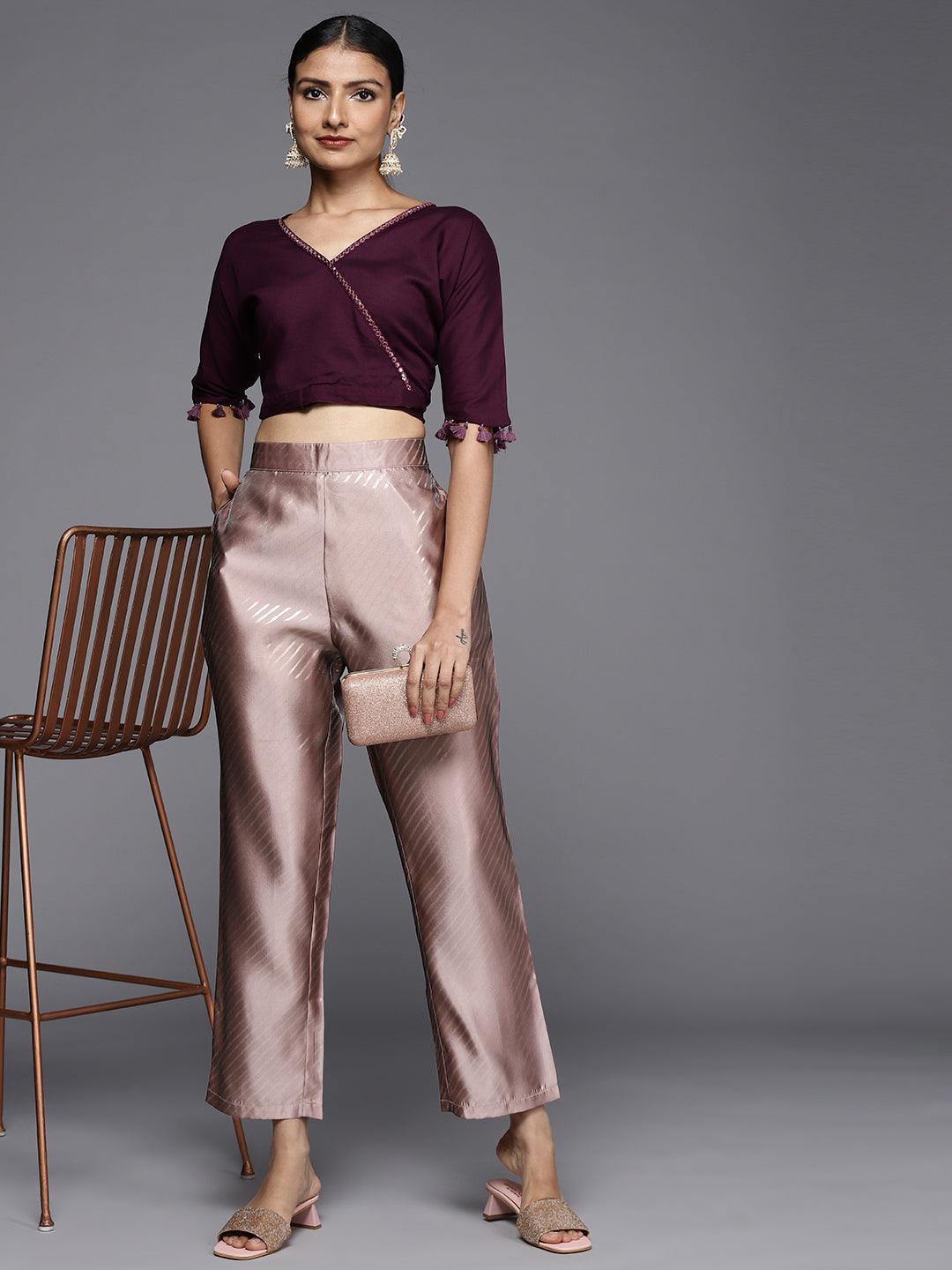 Mauve Printed Silk Trousers - ShopLibas 