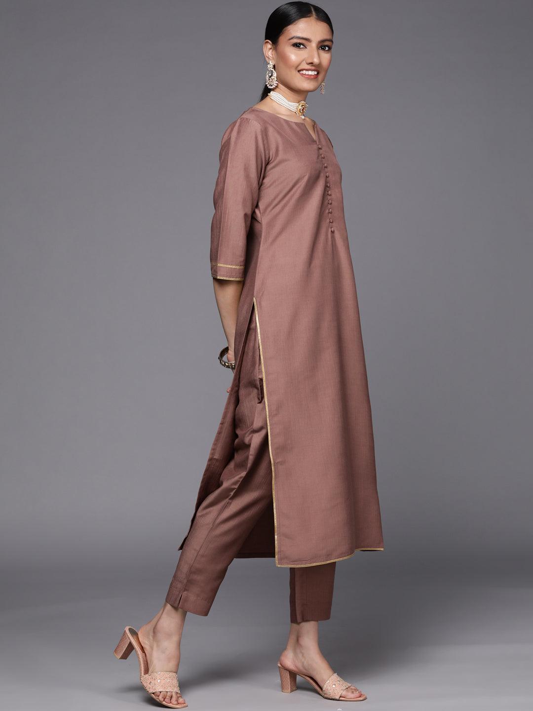 Mauve Solid Silk Blend Straight Suit Set - ShopLibas