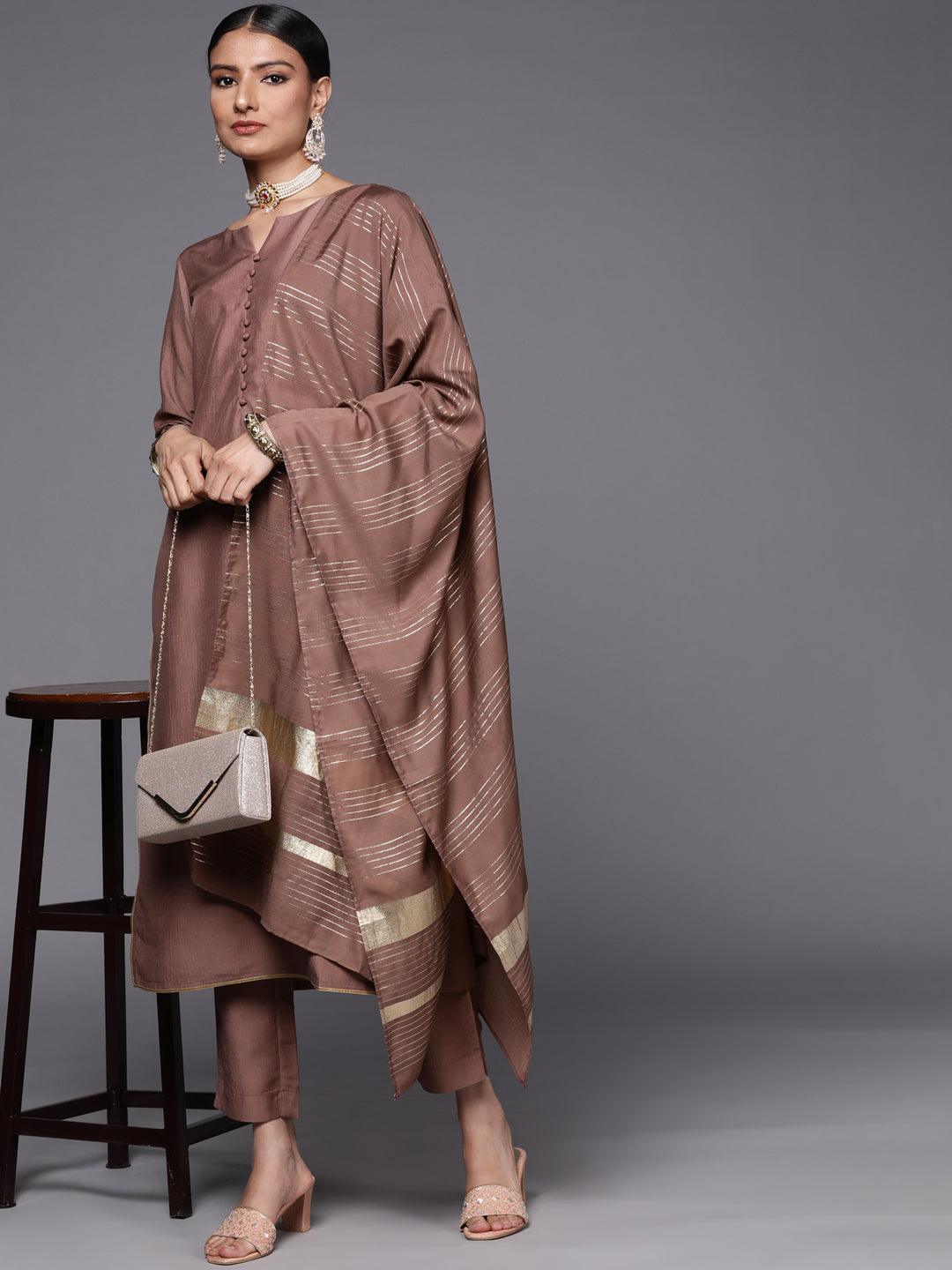 Mauve Solid Silk Blend Straight Suit Set - ShopLibas