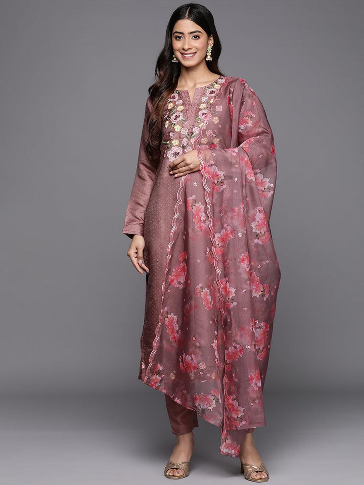 Mauve Yoke Design Silk Blend Straight Suit Set With Trousers - ShopLibas