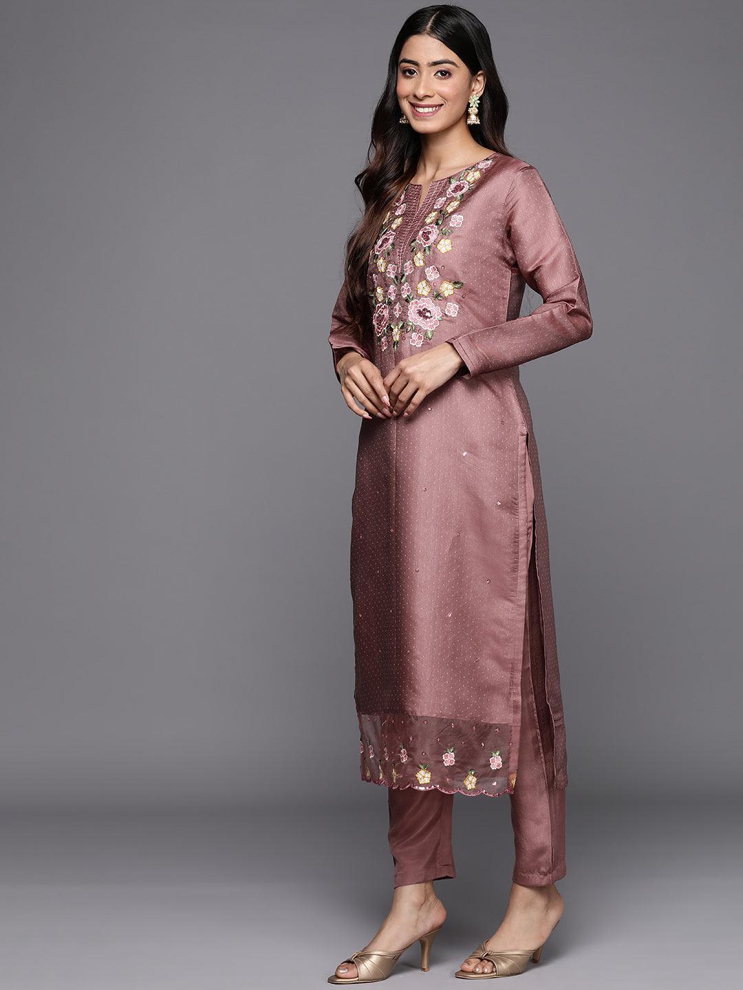 Mauve Yoke Design Silk Blend Straight Suit Set With Trousers - ShopLibas