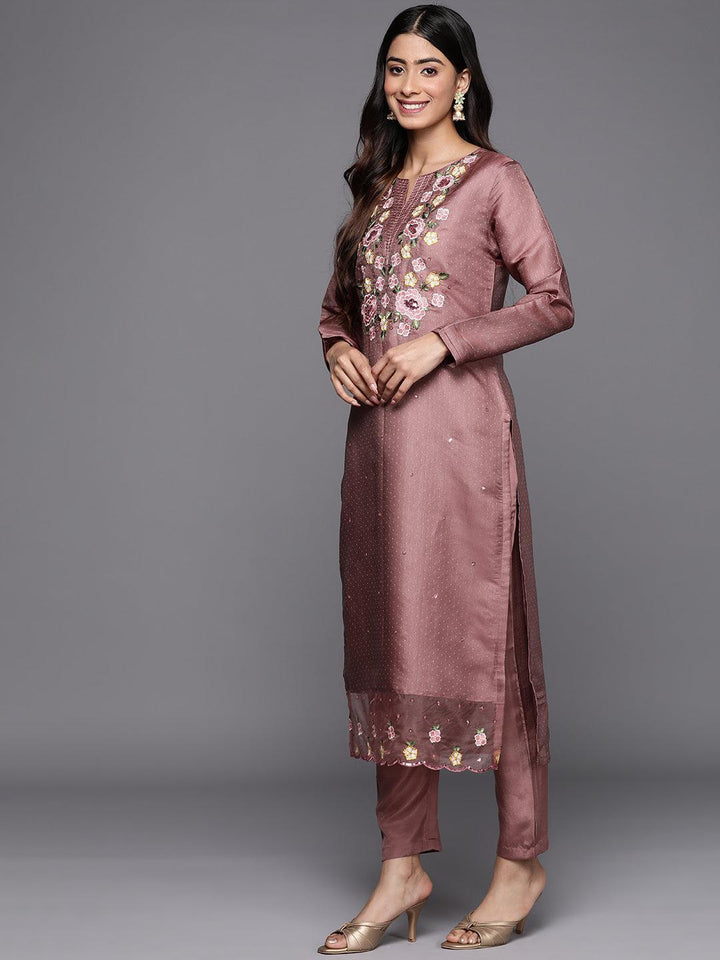 Mauve Yoke Design Silk Blend Straight Suit Set With Trousers - ShopLibas
