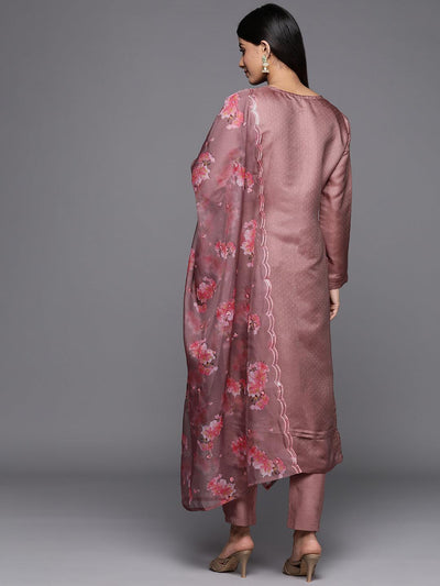 Mauve Yoke Design Silk Blend Straight Suit Set With Trousers - ShopLibas