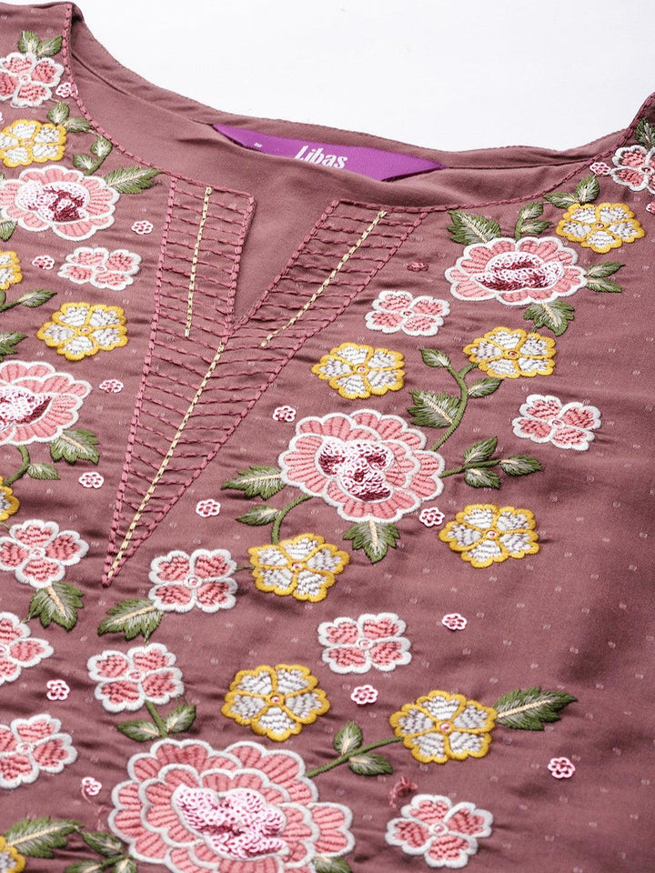 Mauve Yoke Design Silk Blend Straight Suit Set With Trousers - ShopLibas
