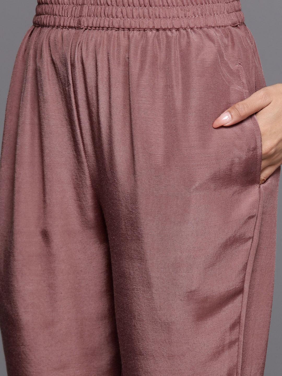 Mauve Yoke Design Silk Blend Straight Suit Set With Trousers - ShopLibas