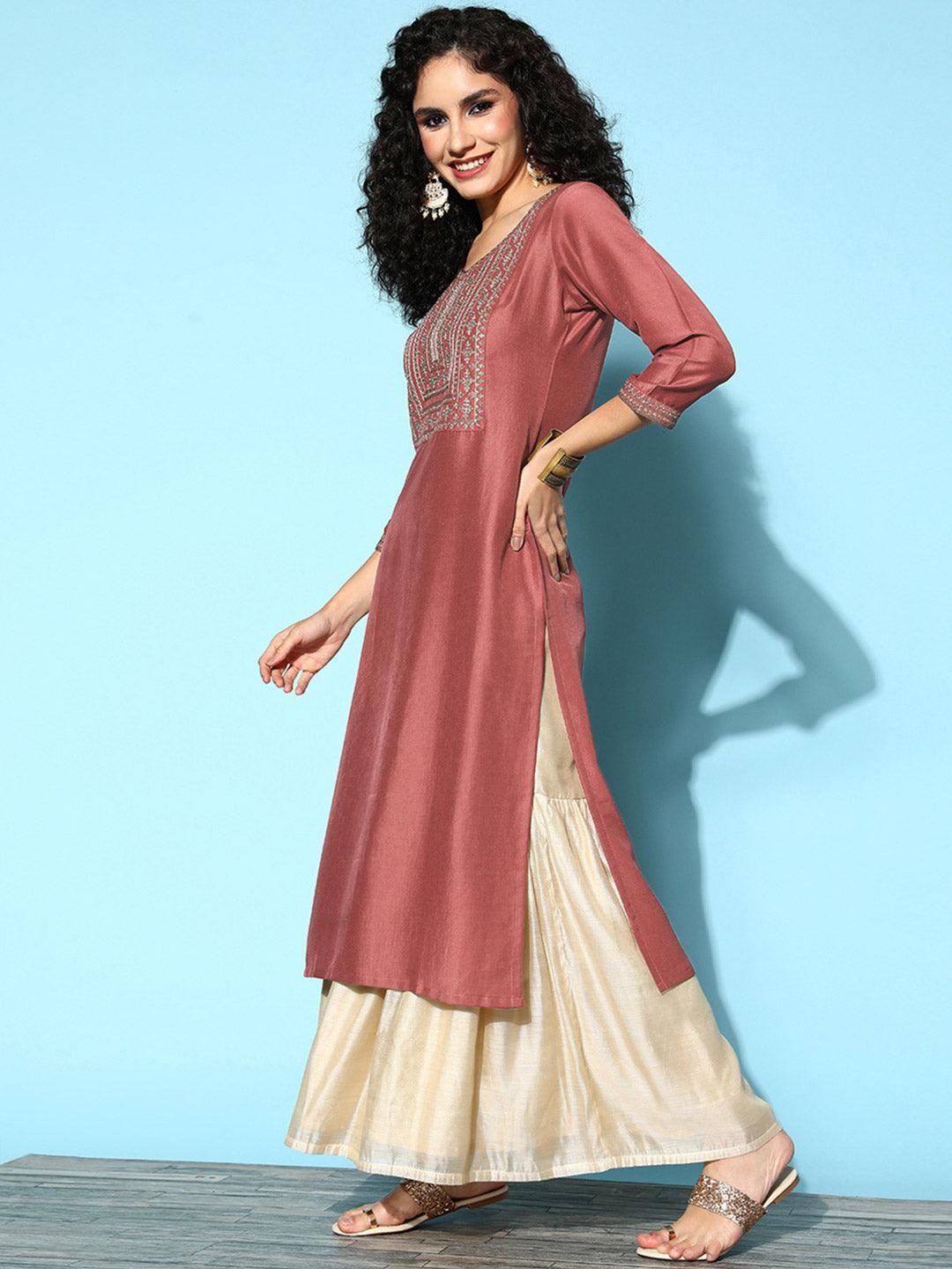 Mauve Yoke Design Silk Straight Kurta - Libas 