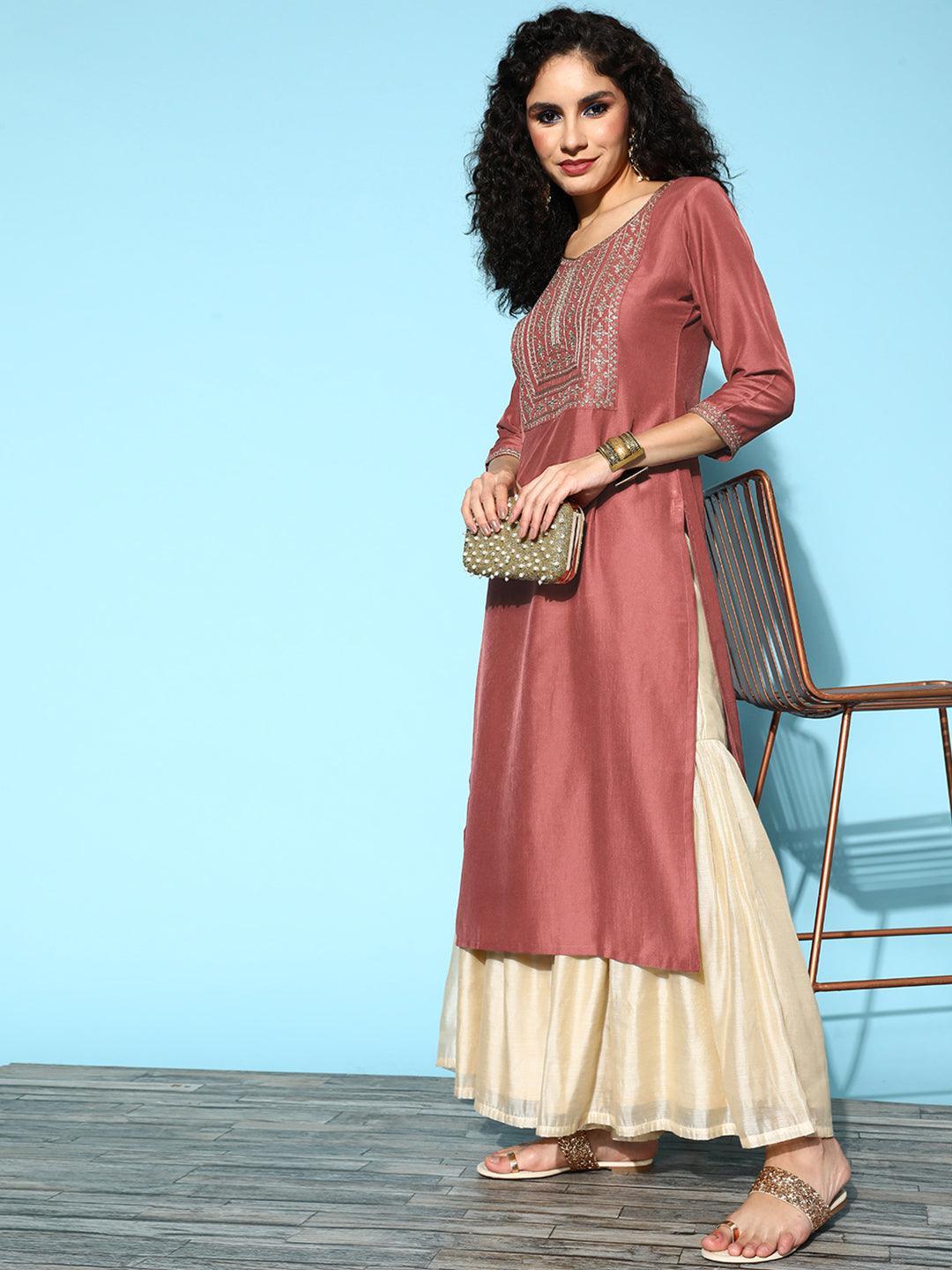 Mauve Yoke Design Silk Straight Kurta - Libas 