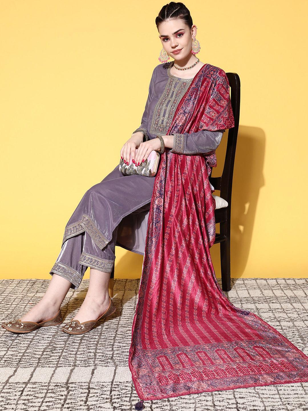Mauve Yoke Design Velvet Straight Suit Set - ShopLibas 
