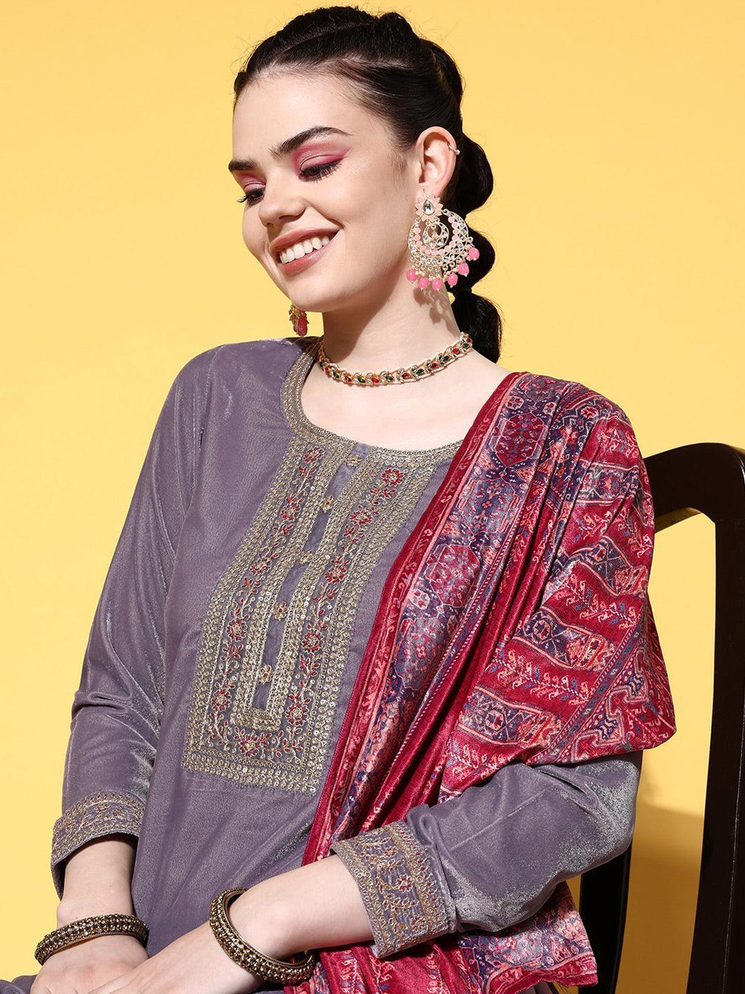 Mauve Yoke Design Velvet Straight Suit Set - ShopLibas 