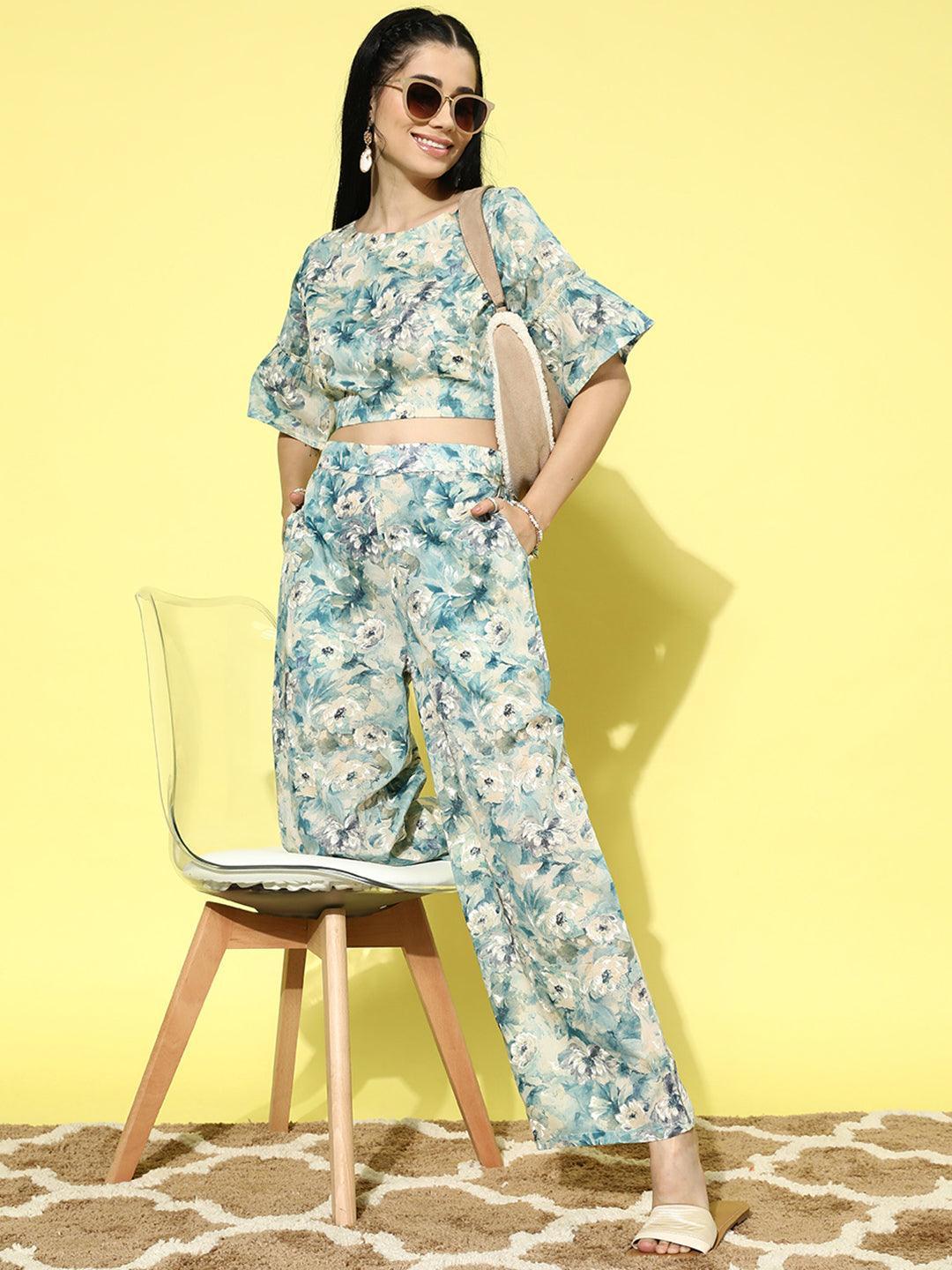 Multicoloured Printed Cotton Top With Palazzos - Libas 