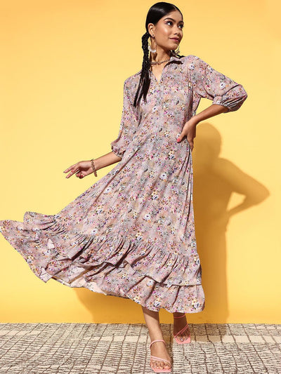Multicoloured Printed Georgette A-Line Dress - ShopLibas