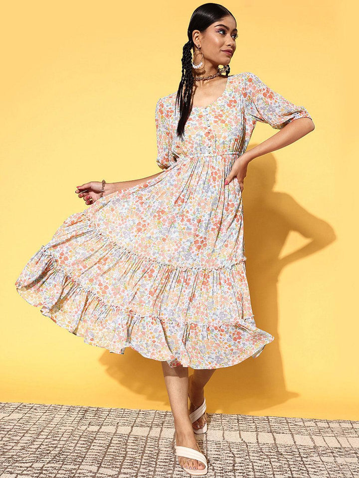 Multicoloured Printed Georgette A-Line Dress - ShopLibas