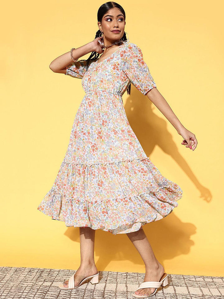 Multicoloured Printed Georgette A-Line Dress - ShopLibas