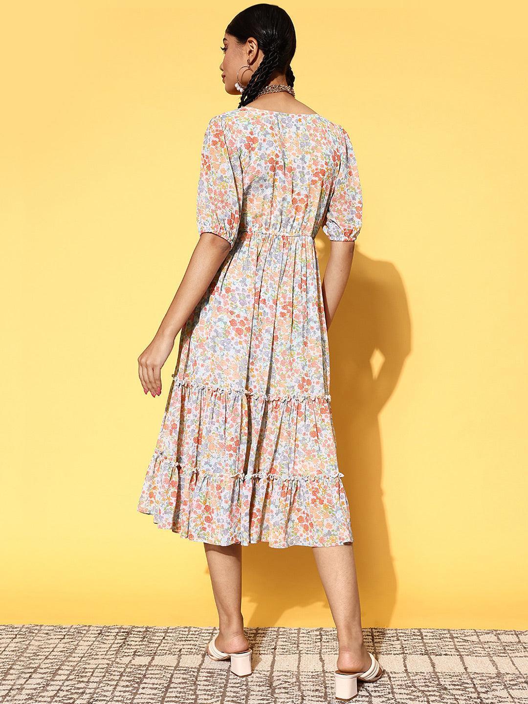 Multicoloured Printed Georgette A-Line Dress - ShopLibas