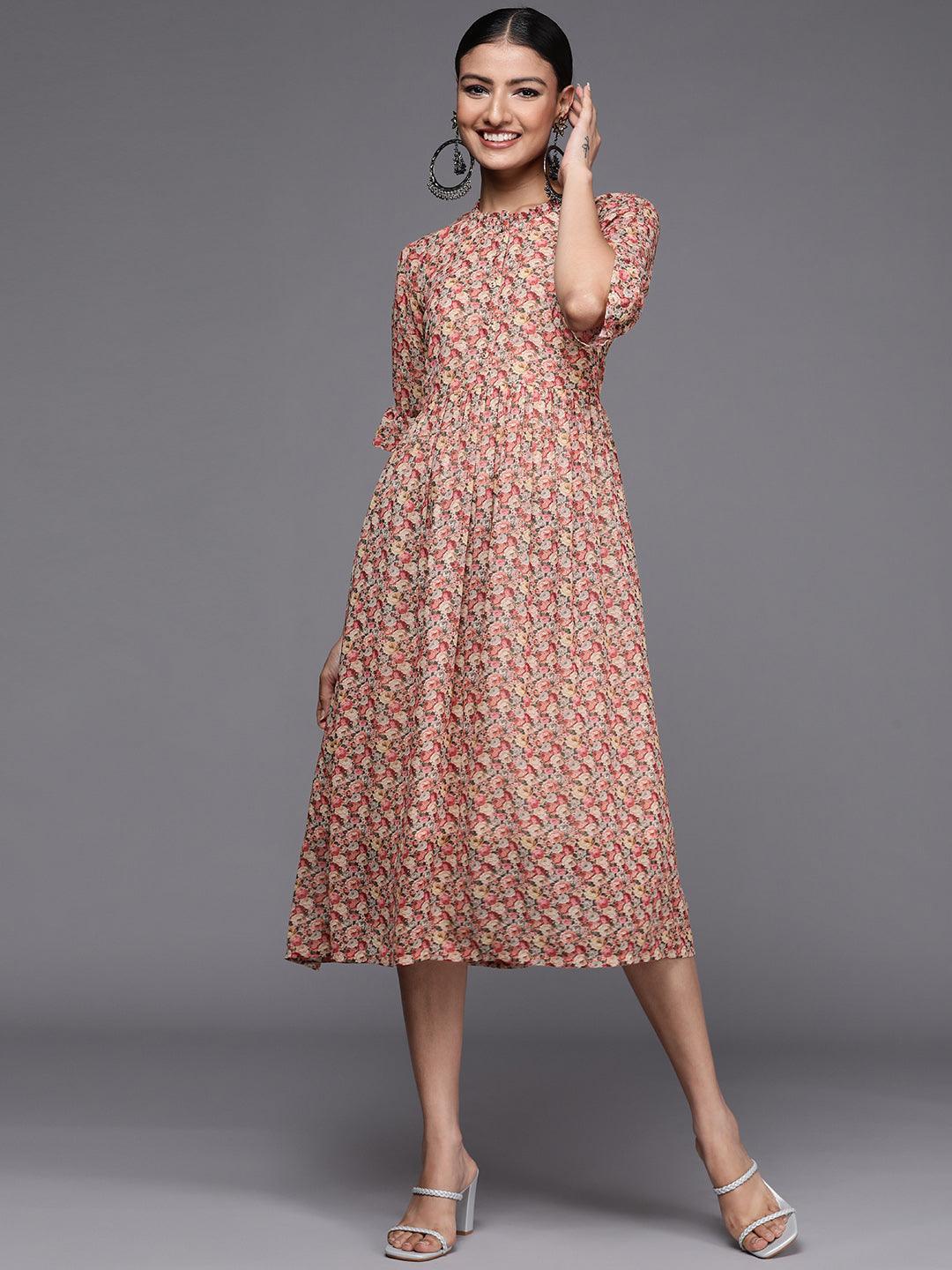 Multicoloured Printed Georgette Fit and Flared Dress - ShopLibas