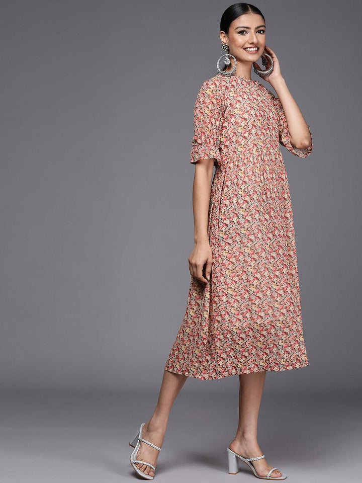 Multicoloured Printed Georgette Fit and Flared Dress - ShopLibas