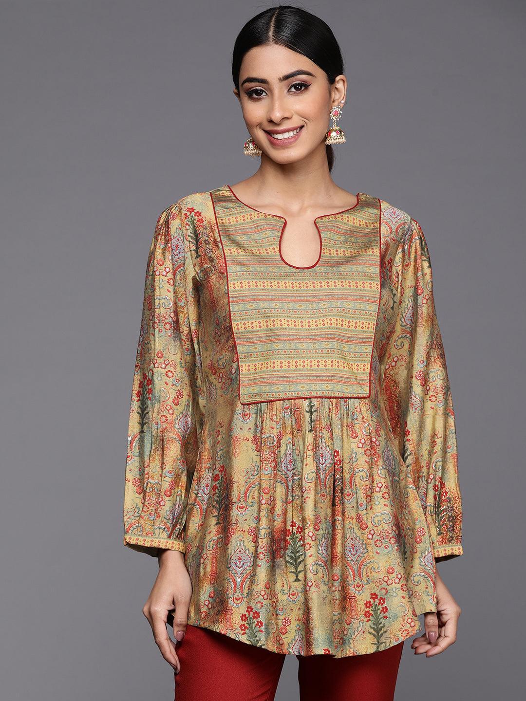 Multicoloured Printed Silk Blend A-Line Kurti - ShopLibas