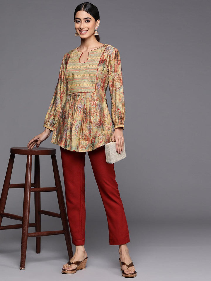 Multicoloured Printed Silk Blend A-Line Kurti - ShopLibas