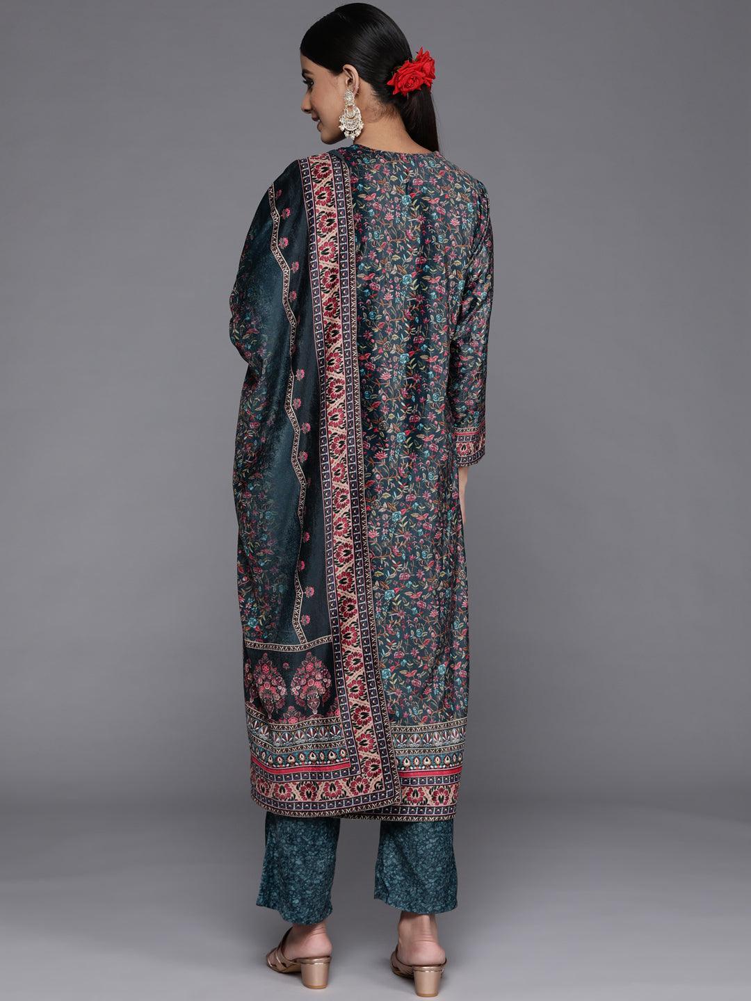 Multicoloured Printed Velvet Straight Suit Set With Trousers - Libas 