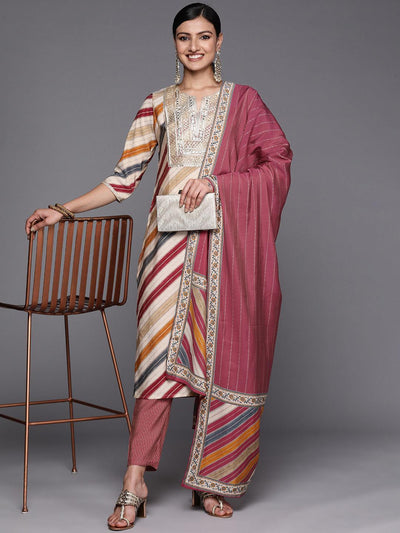 Multicoloured Yoke Design Silk Blend Straight Suit Set With Trousers - ShopLibas