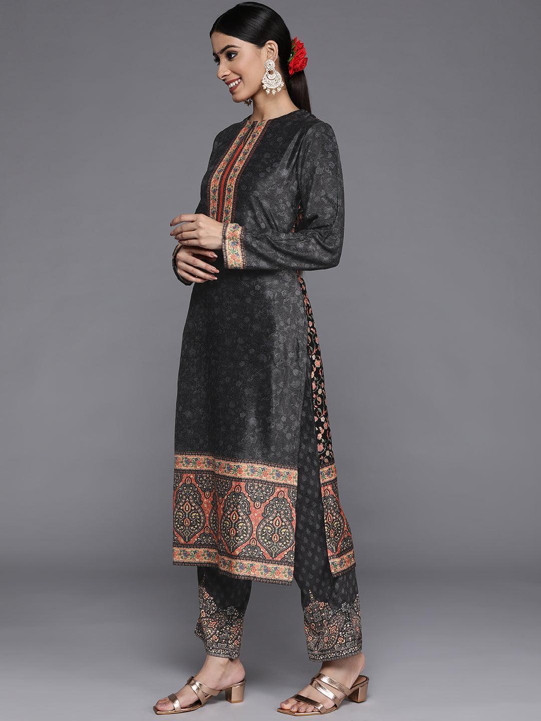 Multicoloured Yoke Design Velvet Straight Suit Set With Trousers - Libas 