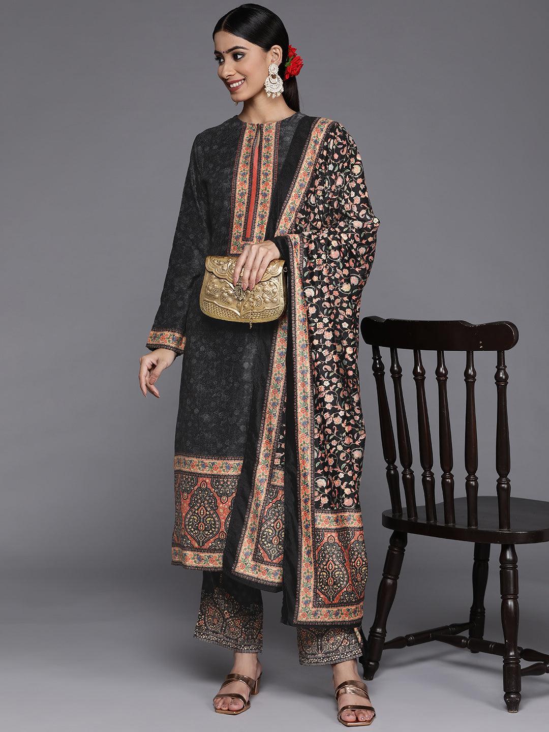 Multicoloured Yoke Design Velvet Straight Suit Set With Trousers - Libas 