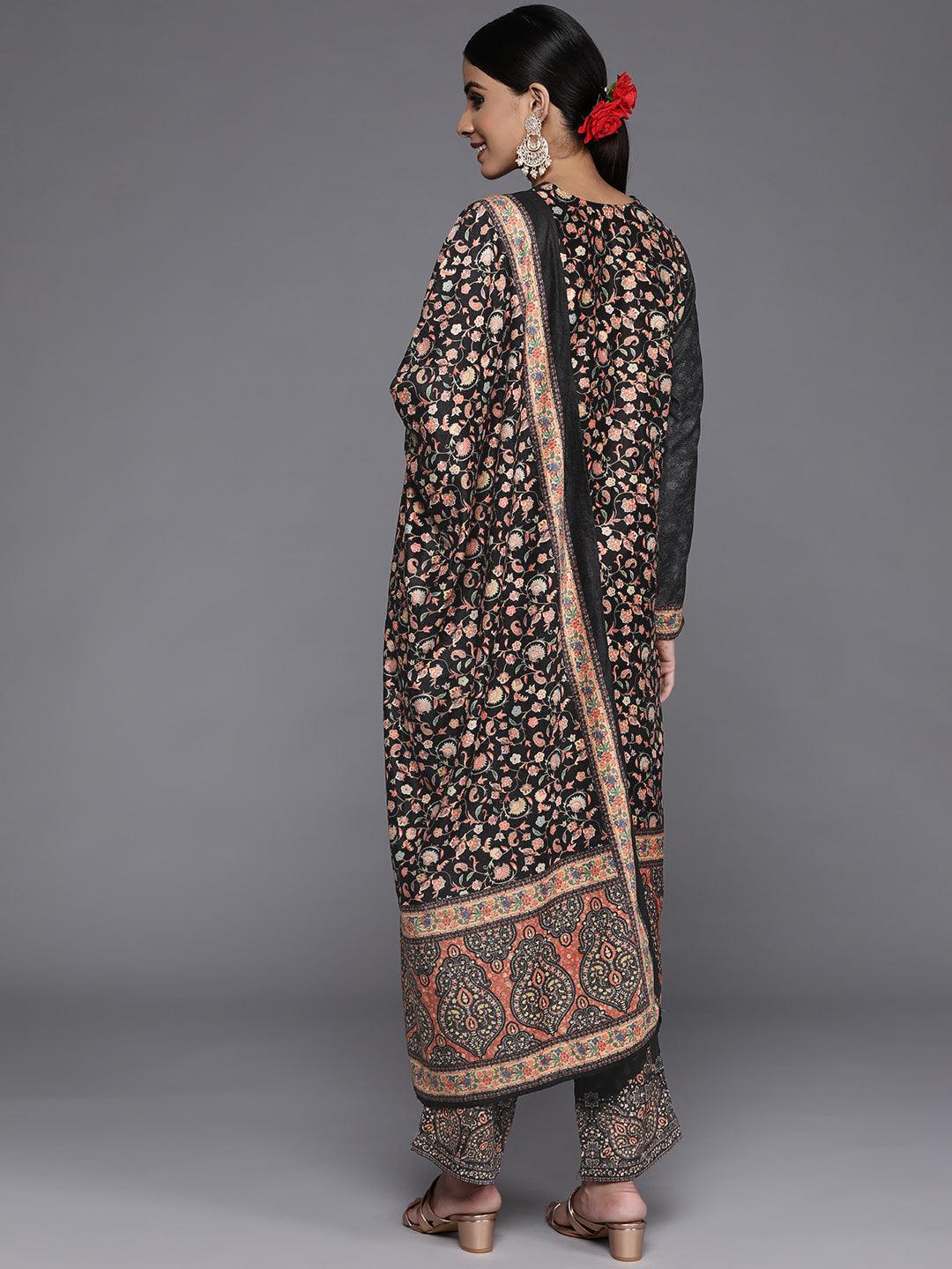 Multicoloured Yoke Design Velvet Straight Suit Set With Trousers - Libas 