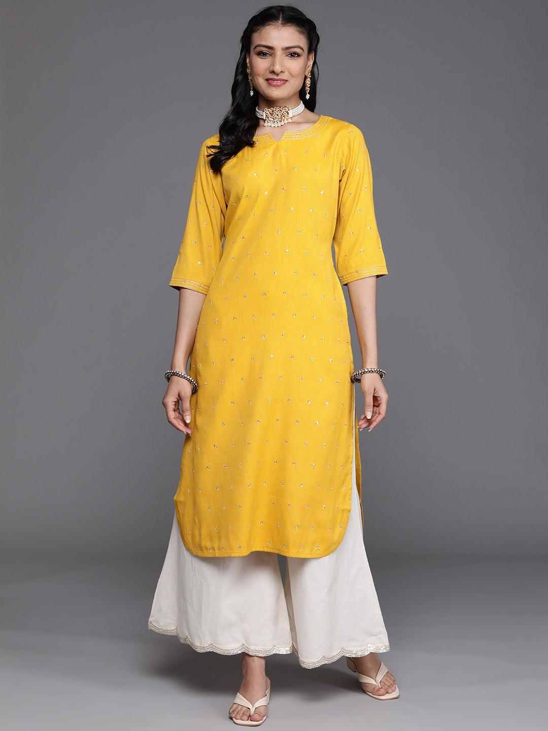 Mustard Embellished Rayon Kurta - ShopLibas