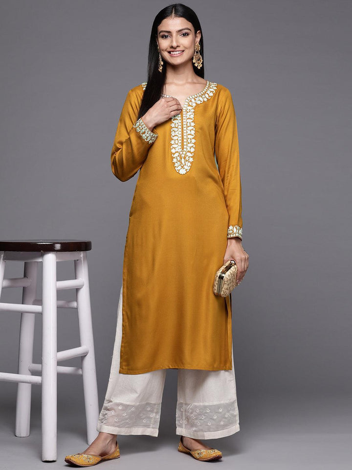 Mustard Embroidered Pashmina Wool Straight Kurta - Libas