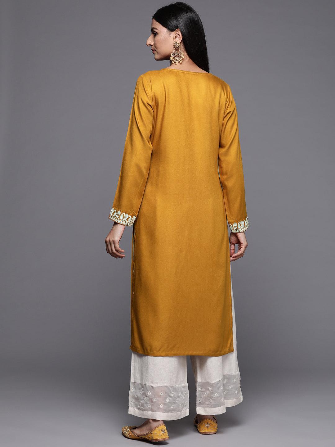 Mustard Embroidered Pashmina Wool Straight Kurta - Libas
