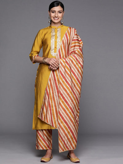 Mustard Embroidered Silk Blend Straight Suit Set With Trousers - ShopLibas