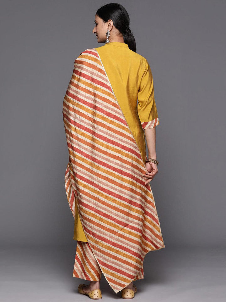 Mustard Embroidered Silk Blend Straight Suit Set With Trousers - ShopLibas