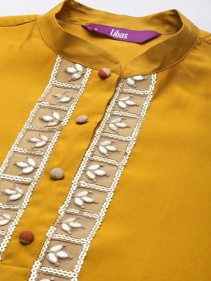 Mustard Embroidered Silk Blend Straight Suit Set With Trousers - ShopLibas