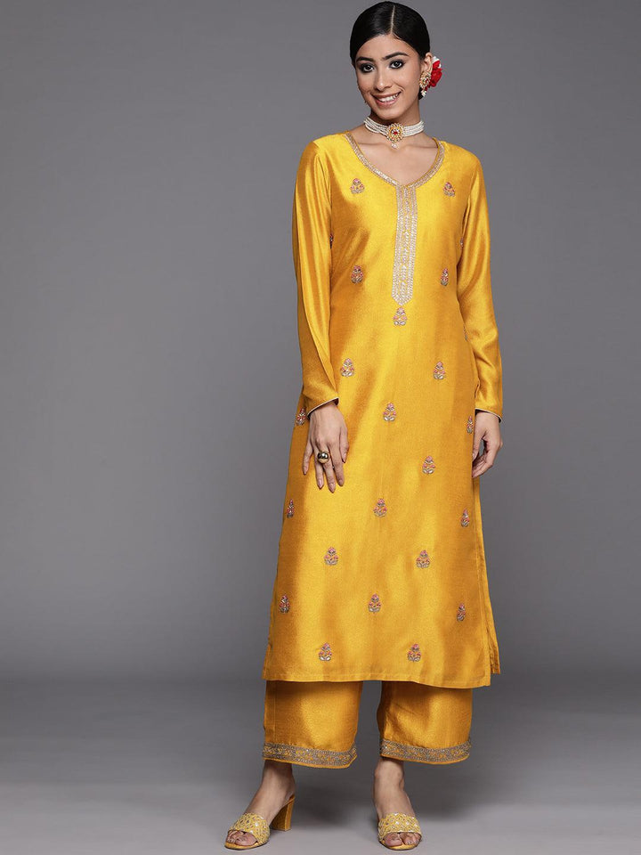 Mustard Embroidered Silk Straight Kurta - ShopLibas