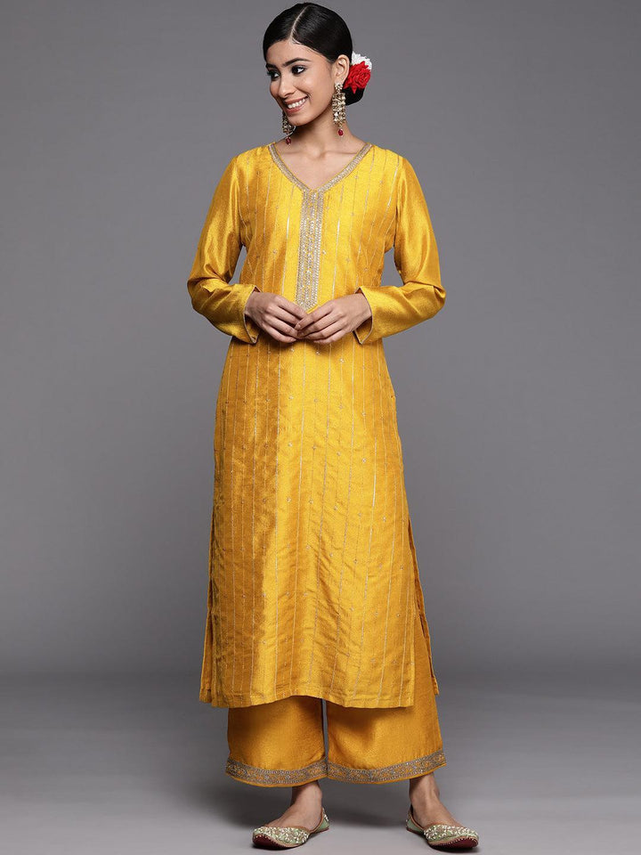 Mustard Embroidered Silk Straight Kurta
