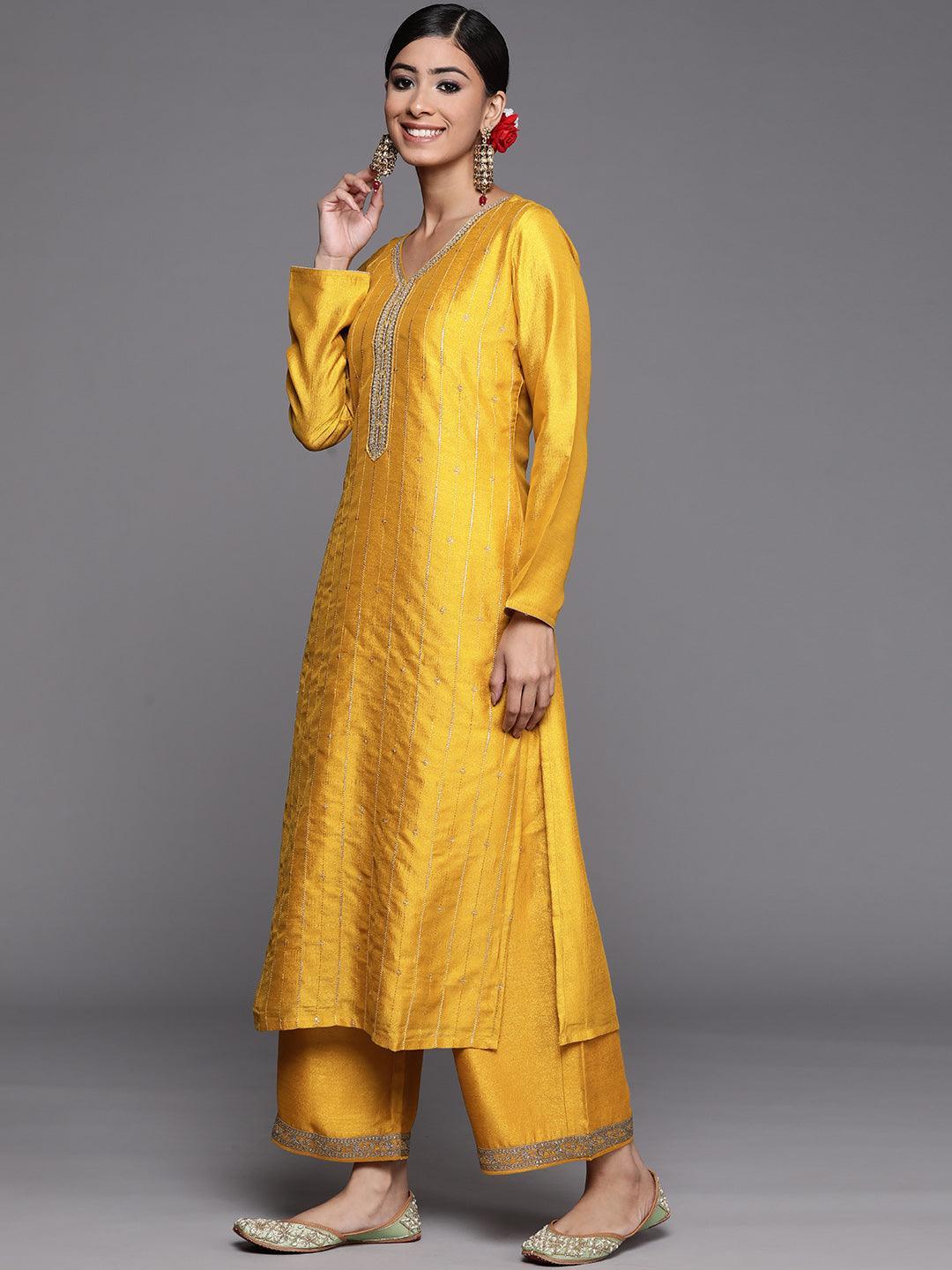 Mustard Embroidered Silk Straight Kurta - ShopLibas 